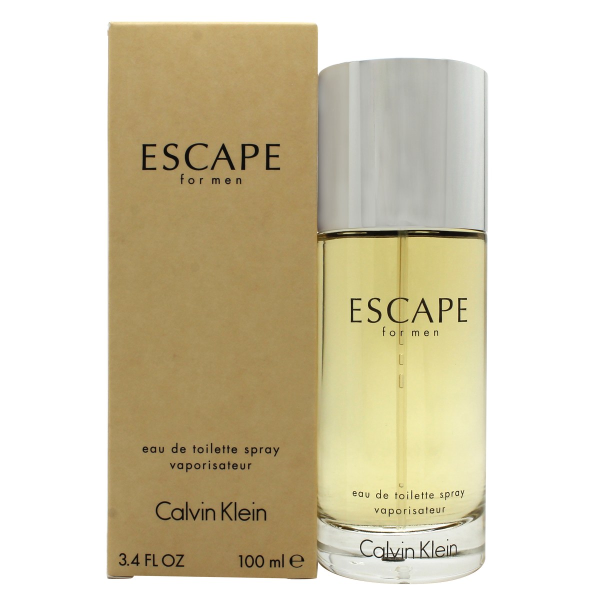 Escape For Men Eau De Toilette, Calvin Klein, 100 ml – klar glasflaske med grøn væske og minimalistisk 90’er-præg