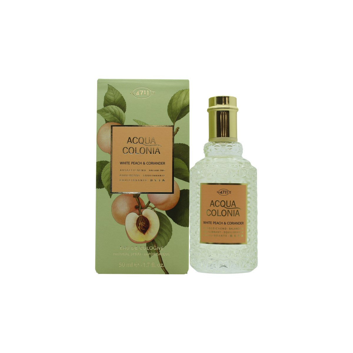 Mâurer & Wirtz 4711 Acqua Colonia White Peach & Coriander Eau de Cologne 50 ml klar glasflaske med sølvlåg og turkis etiket