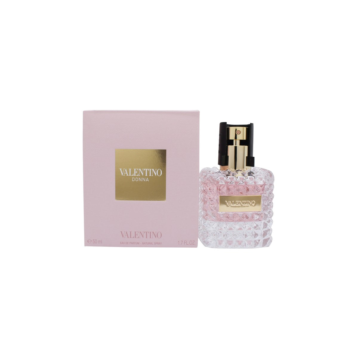 Valentino Donna Eau de Parfum, Valentino 50 ml – klar glasflakon med rosa duft og guldkantet prop med nitter.