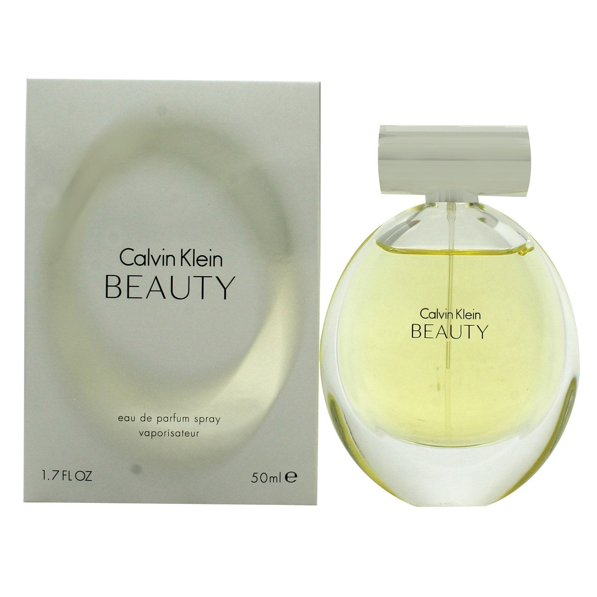 Beauty Eau De Parfum Calvin Klein 50 ml – klar, høj rektangulær glasflaske med lys gylden duft og sølvfarvet låg