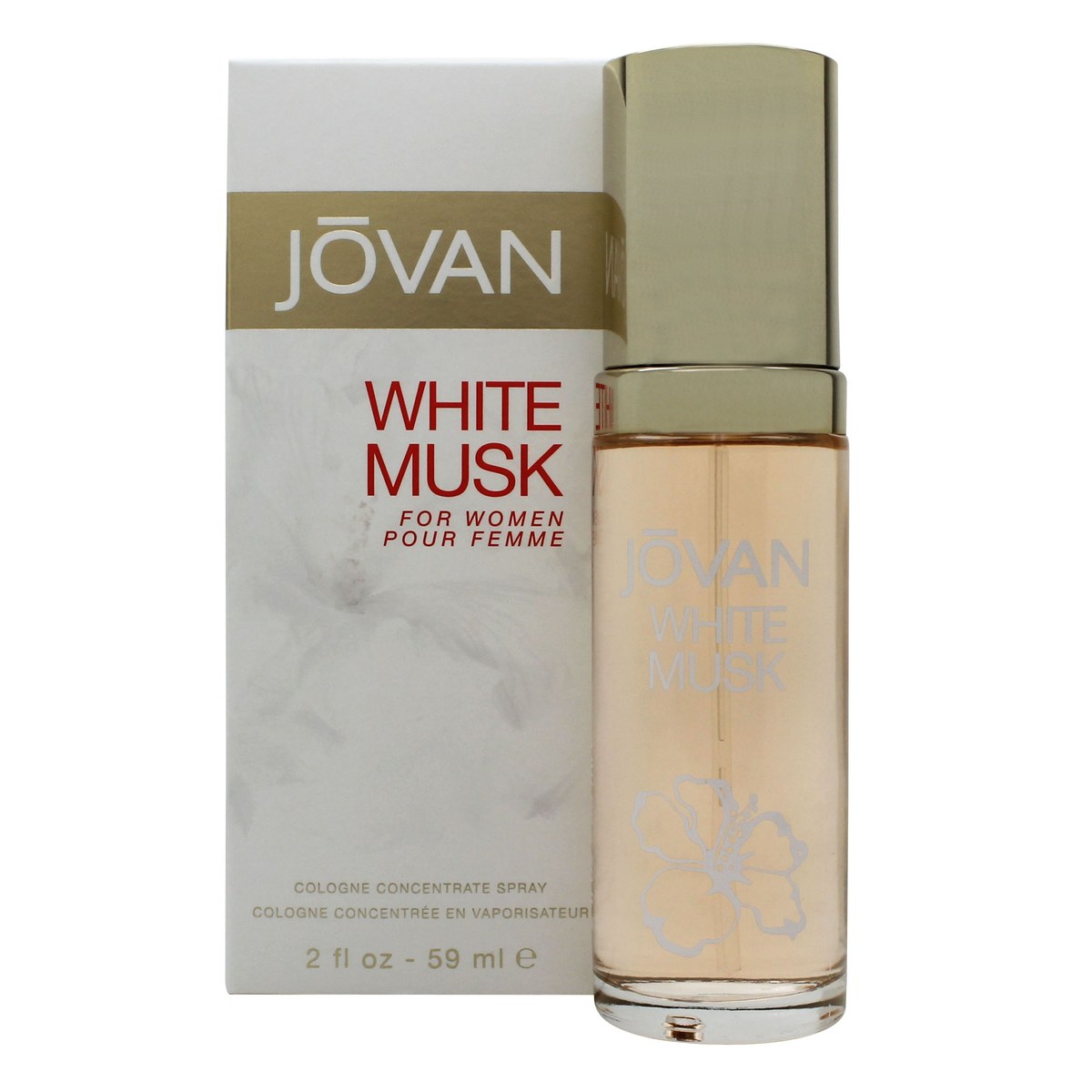 Jovan White Musk Eau de Cologne, Jovan, 59 ml – klar rektangulær glasflaske med hvidt låg og gylden etiket
