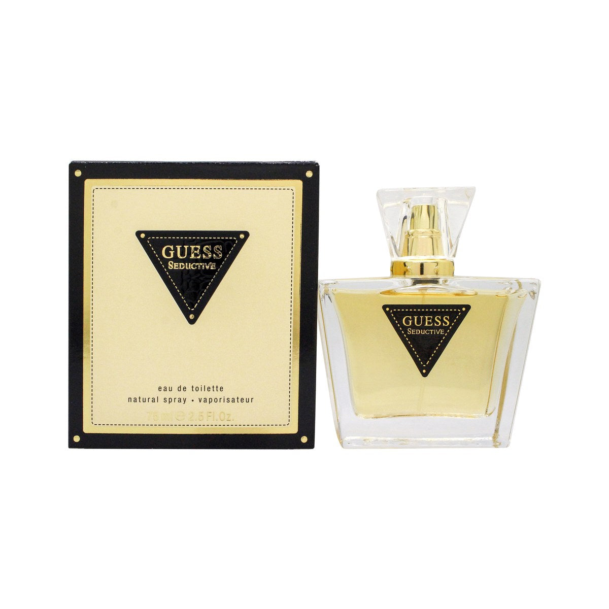 Seductive Eau De Toilette Guess 75 ml klar rektangulær flakon med lys ravfarvet duft, sort låg og sort snor med sølvdetalje