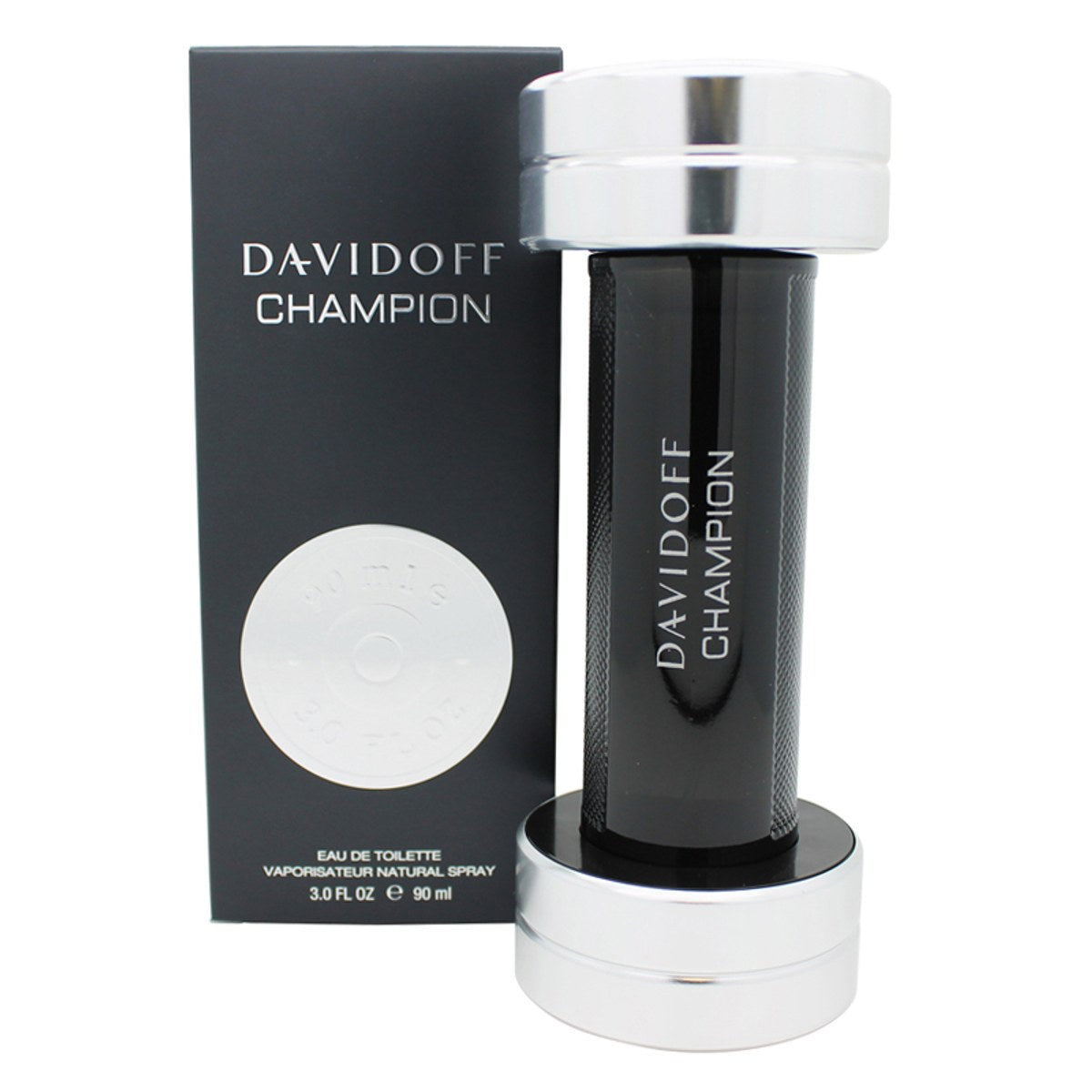 Champion Eau De Toilette, Davidoff, 90 ml sort glasflakon formet som en håndvægt med sølvdetaljer og maskulint udtryk