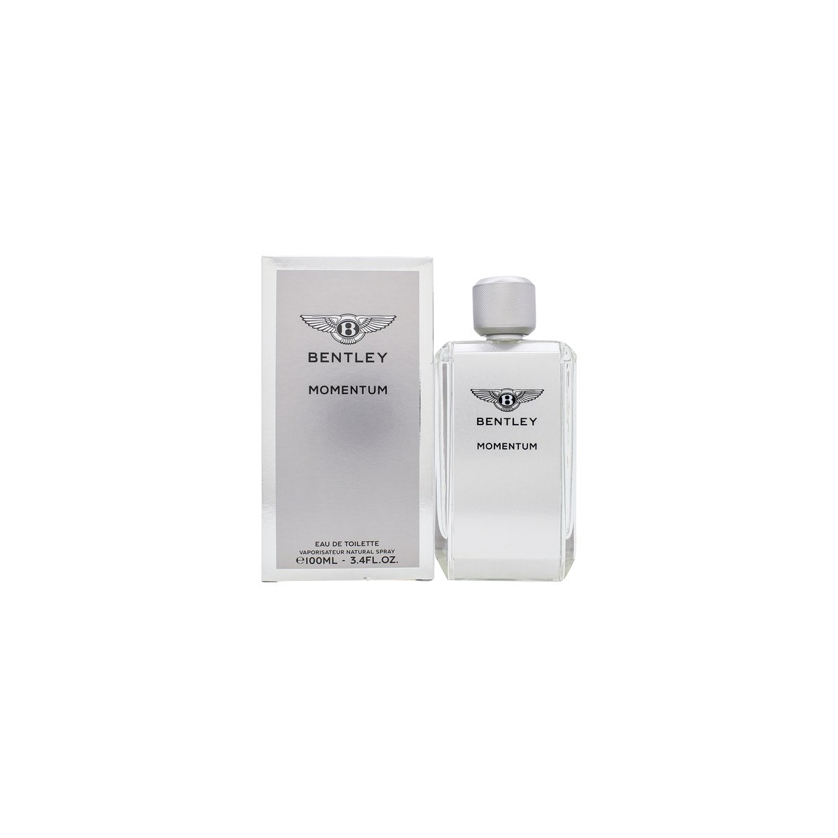 Bentley Momentum Eau de Toilette 100ml, Bentley, 100 ml i rektangulær klar glasflaske med sølvbånd og sort låg