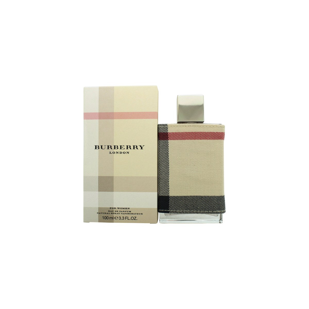 Burberry London Eau De Parfum Burberry 100 ml, rektangulær glasflaske med gylden duft, sølvhætte og ternet etiket