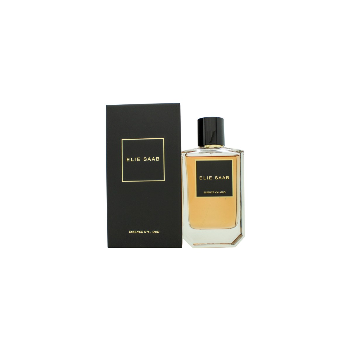 Elie Saab Essence No. 4 Oud Eau de Parfum 100 ml fra Elie Saab, ravfarvet glasflaske med sorte detaljer og guldlåg.