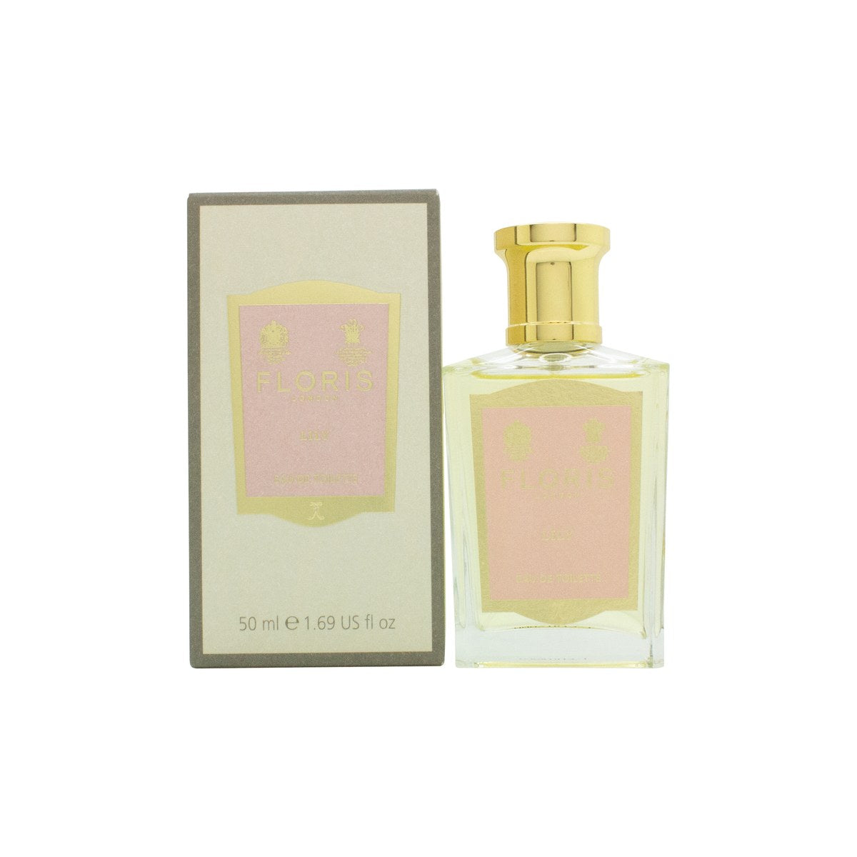 Floris Lily Eau de Toilette, Floris 50 ml i klar glasflaske med lyserød duft og guldfarvet låg i klassisk, enkel form