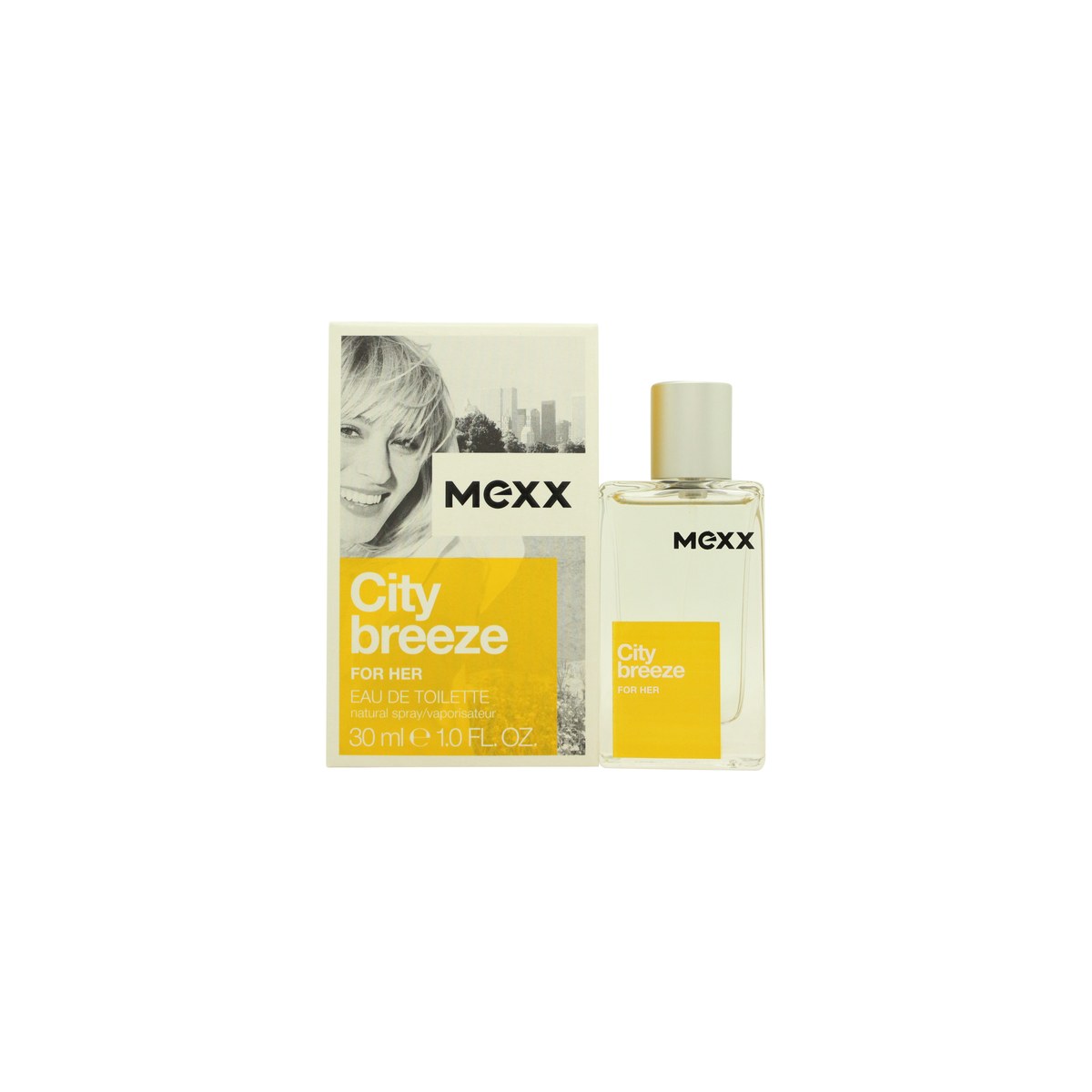 Mexx City Breeze for Her Eau de Toilette 30 ml fra Mexx – klar glasflaske med lyserød væske og sølvfarvet spraytop.