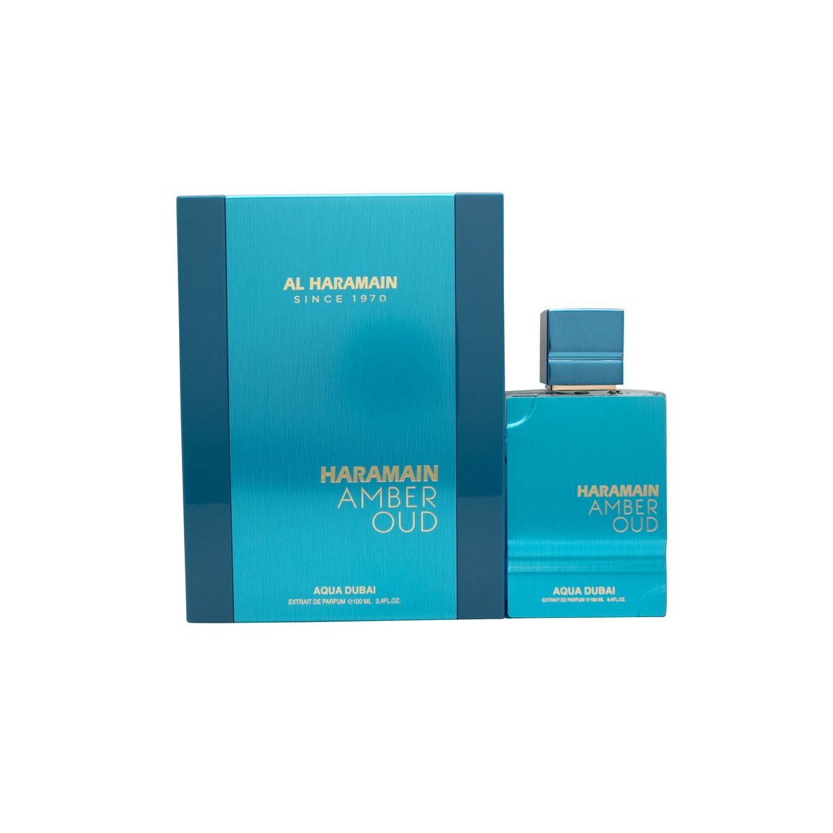 Al Haramain Amber Oud Aqua Dubai Extrait de Parfum 100 ml, turkis glasflakon med gyldent låg og firkantet design