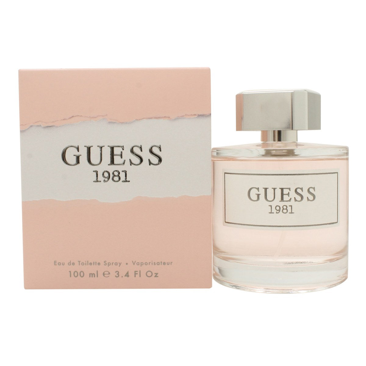 Guess 1981 Eau De Toilette, Guess, 100 ml – gennemsigtig glasflaske med blød rosa duft, gylden frontplade og enkel spraytop