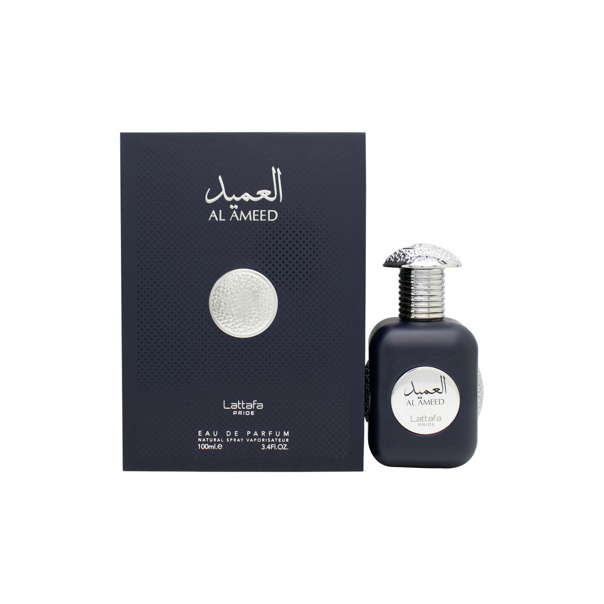 Lattafa Al Ameed Silver Eau de Parfum 100 ml fra Lattafa i sølvfarvet, cylindrisk flakon med sort låg og minimalistisk design