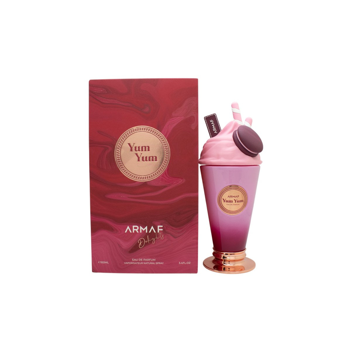 Armaf Yum Yum Eau De Parfum 100ml, Armaf, 100 ml – rund lyserød glasflaske med sølvfarvet låg og bløde, legende detaljer