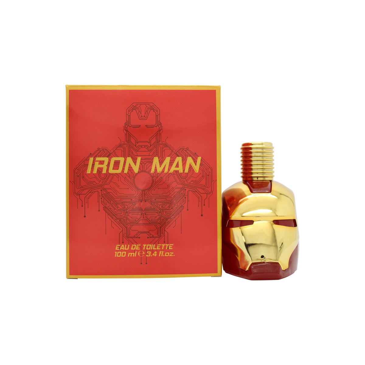 Marvel Iron Man Eau de Toilette 100ml fra Marvel 100 ml – rød og gylden flakon formet som Iron Mans hjelm på sort sokkel.