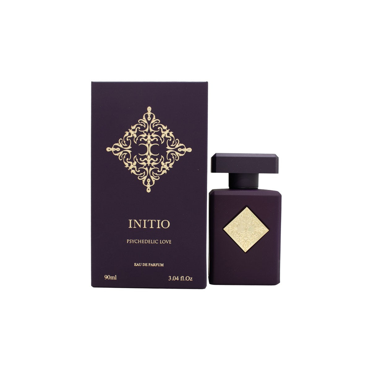 Initio Parfums Prives Psychedelic Love Eau de Parfum 90 ml – mørkerød, rektangulær flakon med gyldent emblem og sort låg