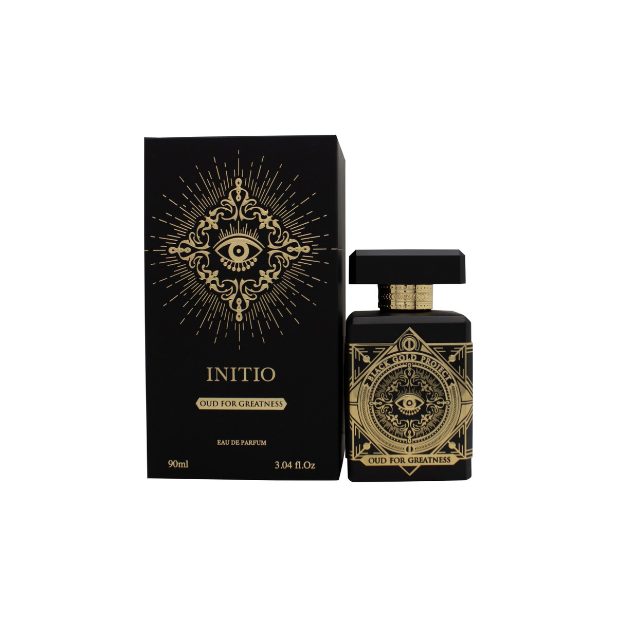 Initio Parfums Prives Oud for Greatness Eau de Parfum 90 ml – sort, mat flakon med gyldent emblem og rund form.