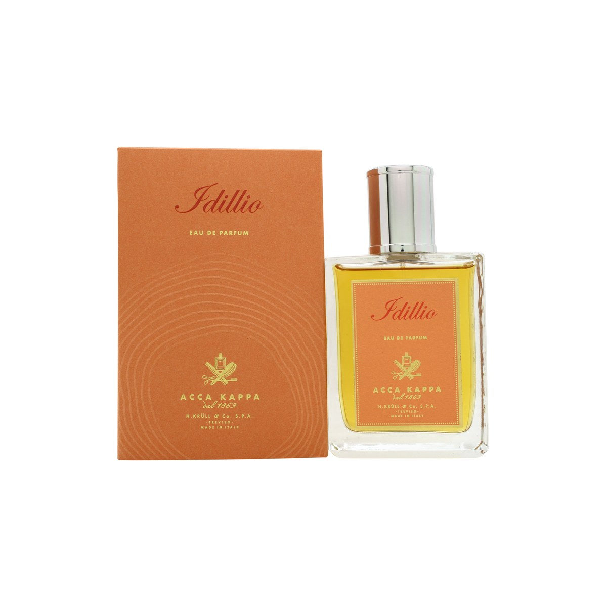 Acca Kappa Idillio Eau de Parfum 100 ml fra Acca Kappa i klar cylindrisk glasflaske med sort låg og enkelt etiketdesign
