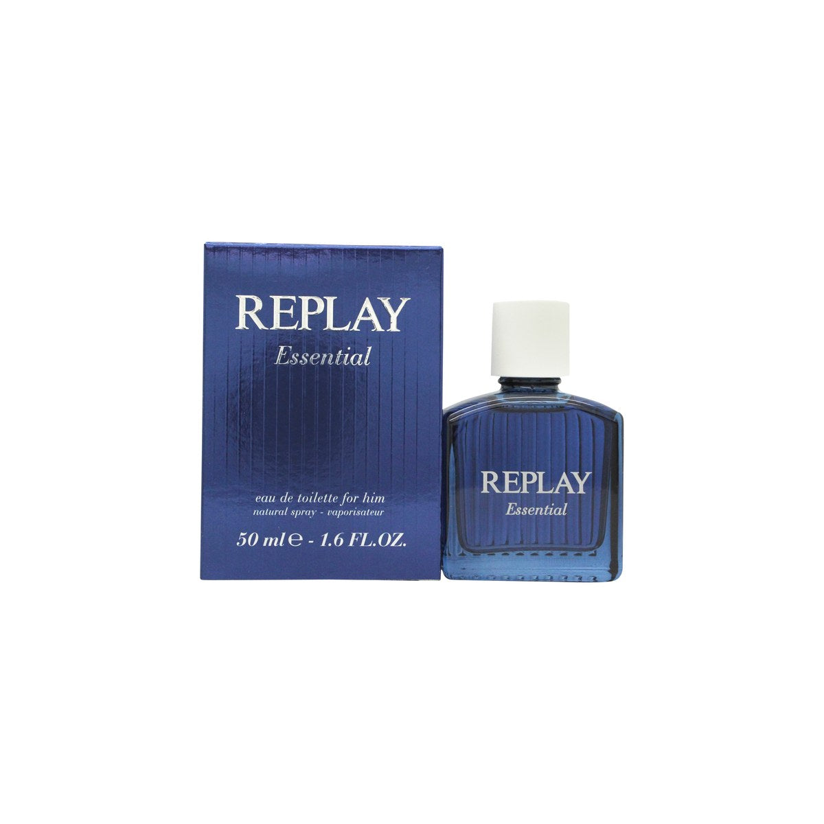 Replay Essential for Him Eau de Toilette 50 ml fra Replay, klar rektangulær glasflaske med lyseblå duft og brun læderdetalje.