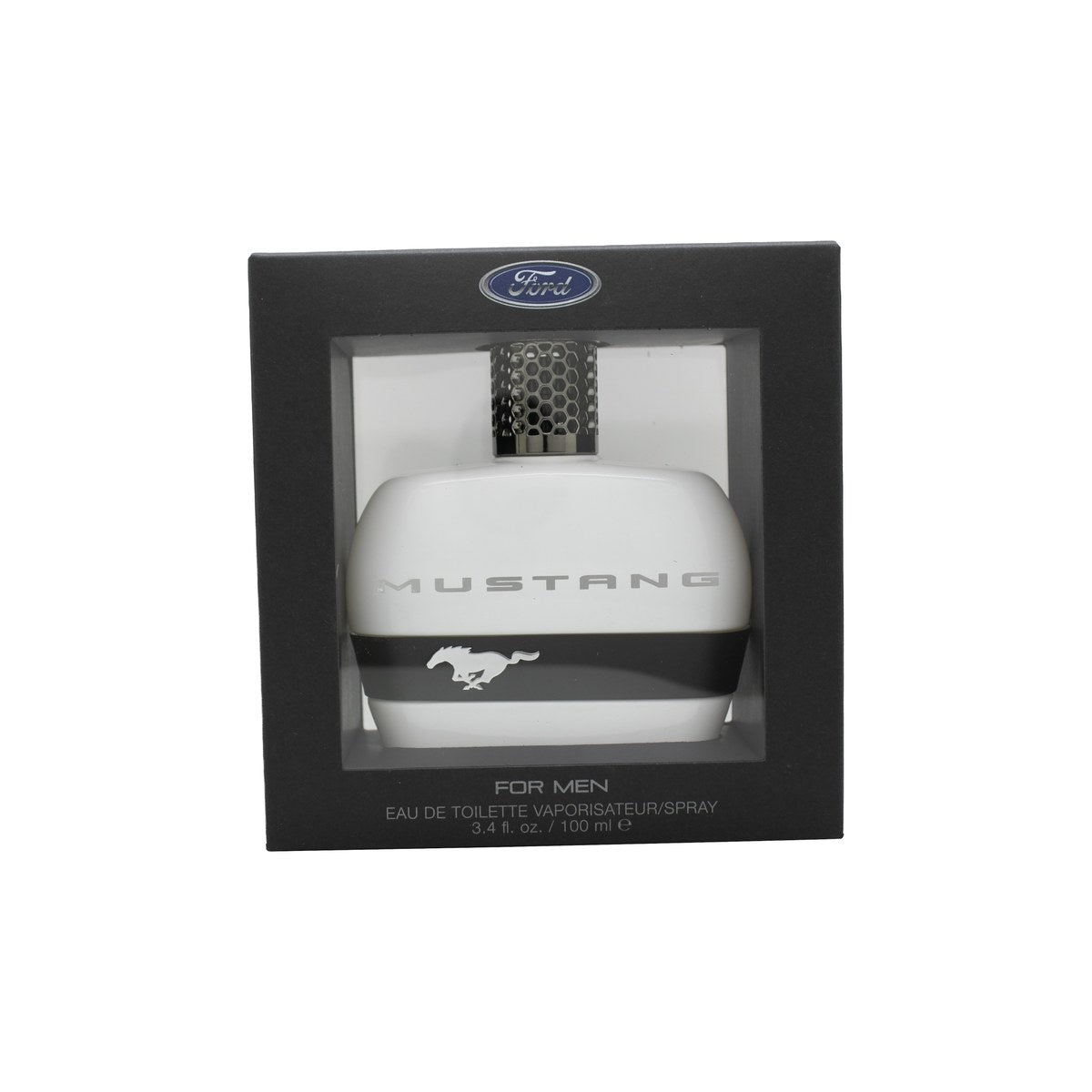 Mustang White Eau de Toilette 100 ml fra Mustang i klar rektangulær glasflaske med sølvfarvet låg og enkelt hvidt design