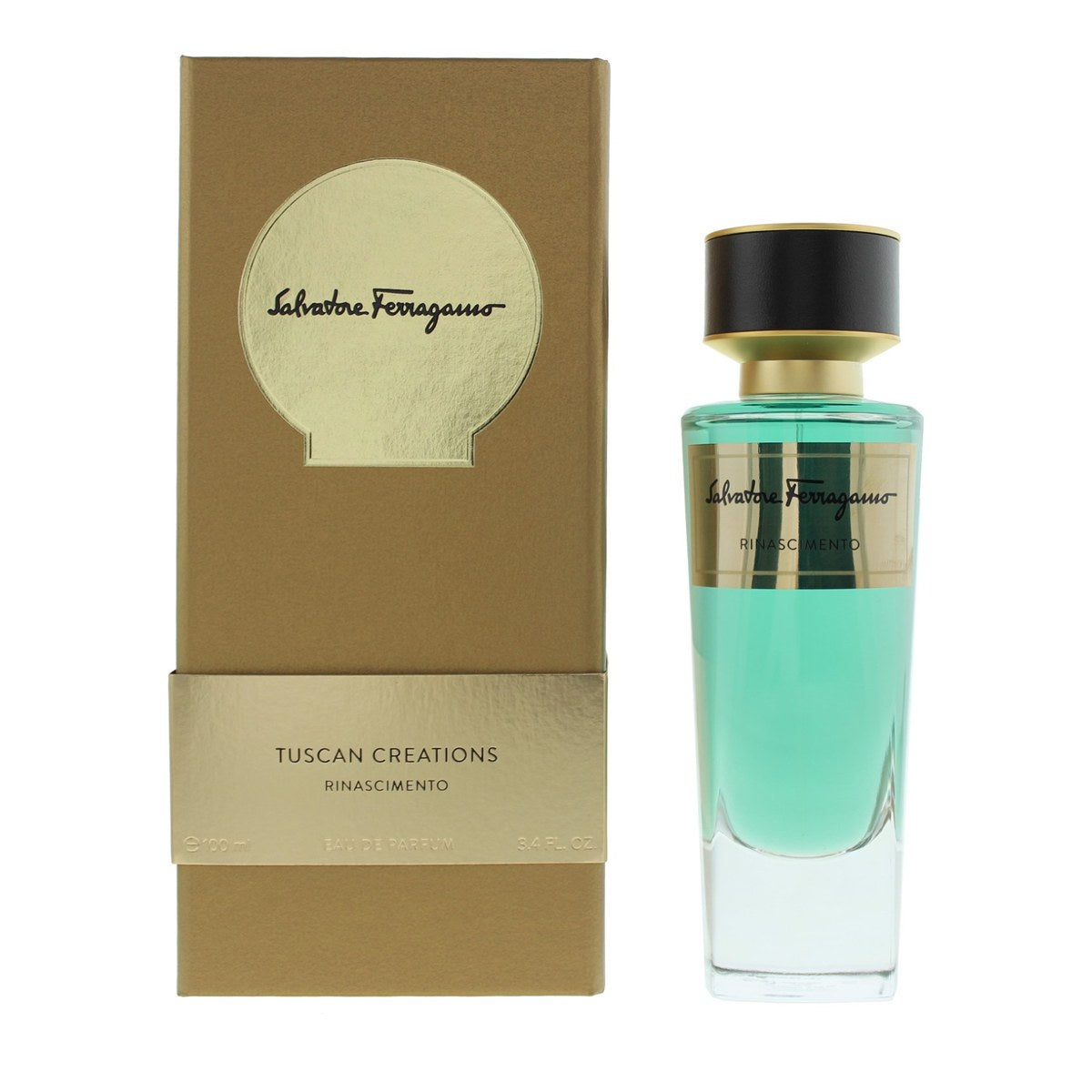 Salvatore Ferragamo Rinascimento Eau de Parfum 100ml – rosa glasflakon med gylden kork og bløde, buede linjer.