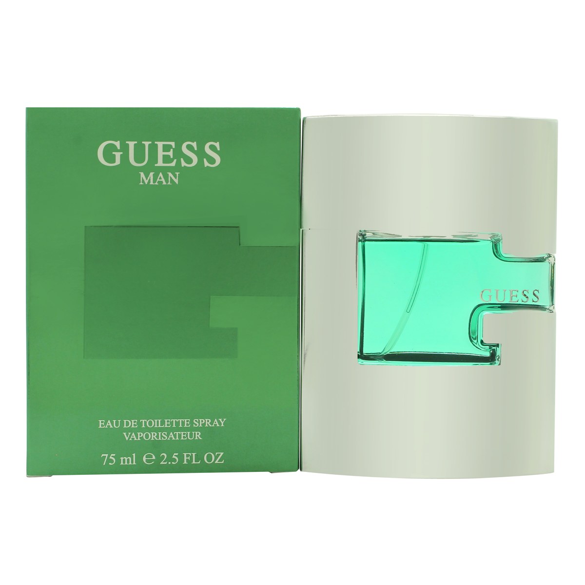 Guess Guess Man Eau de Toilette 75 ml, Guess – klar glasflaske med ravfarvet duft, sølvlogo og børstet metalhætte.