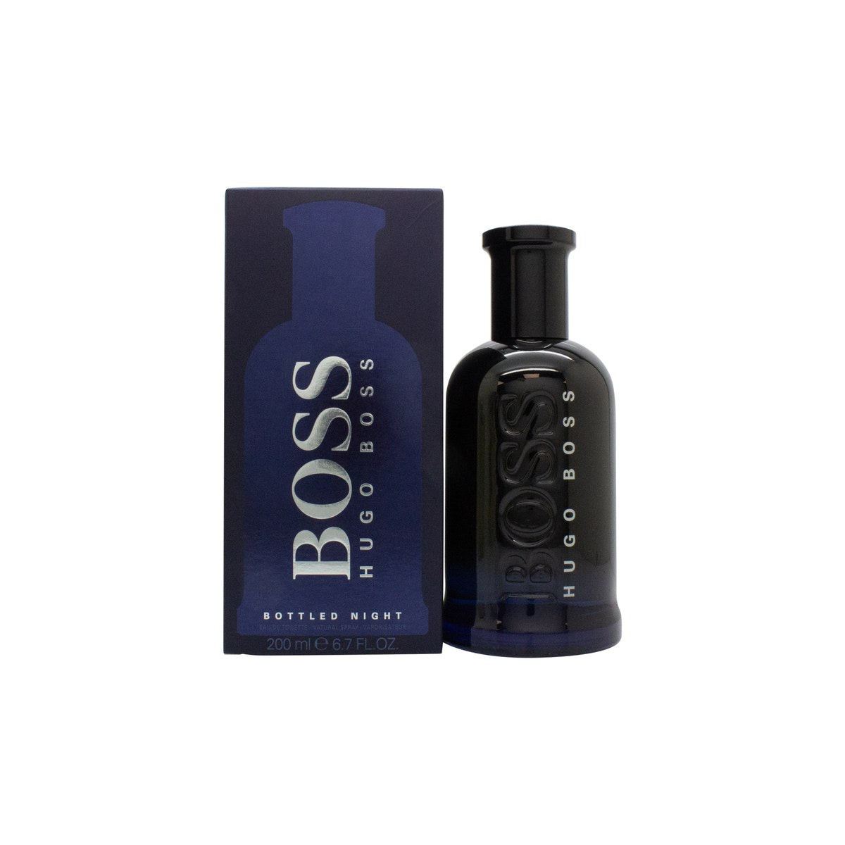 Hugo Boss Boss Bottled Night Eau de Toilette 200 ml i mørkeblå cylindrisk flakon med sort spraytop og minimalistisk logo
