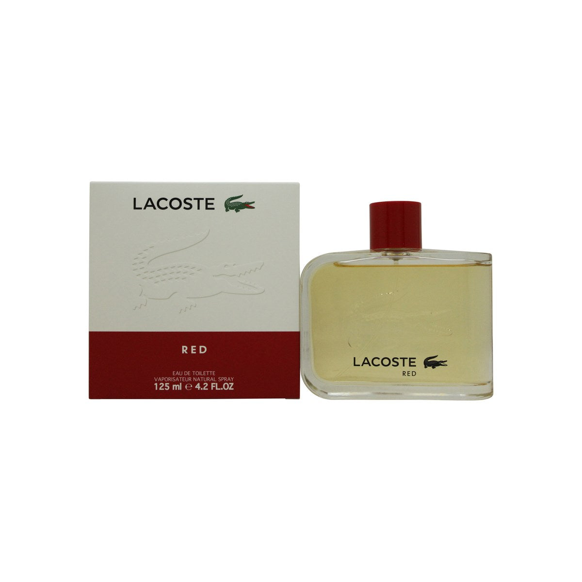 Lacoste Red Eau De Toilette, Lacoste 125 ml rød glasflaske i rektangulær form med sølvkrokodille og stramt design