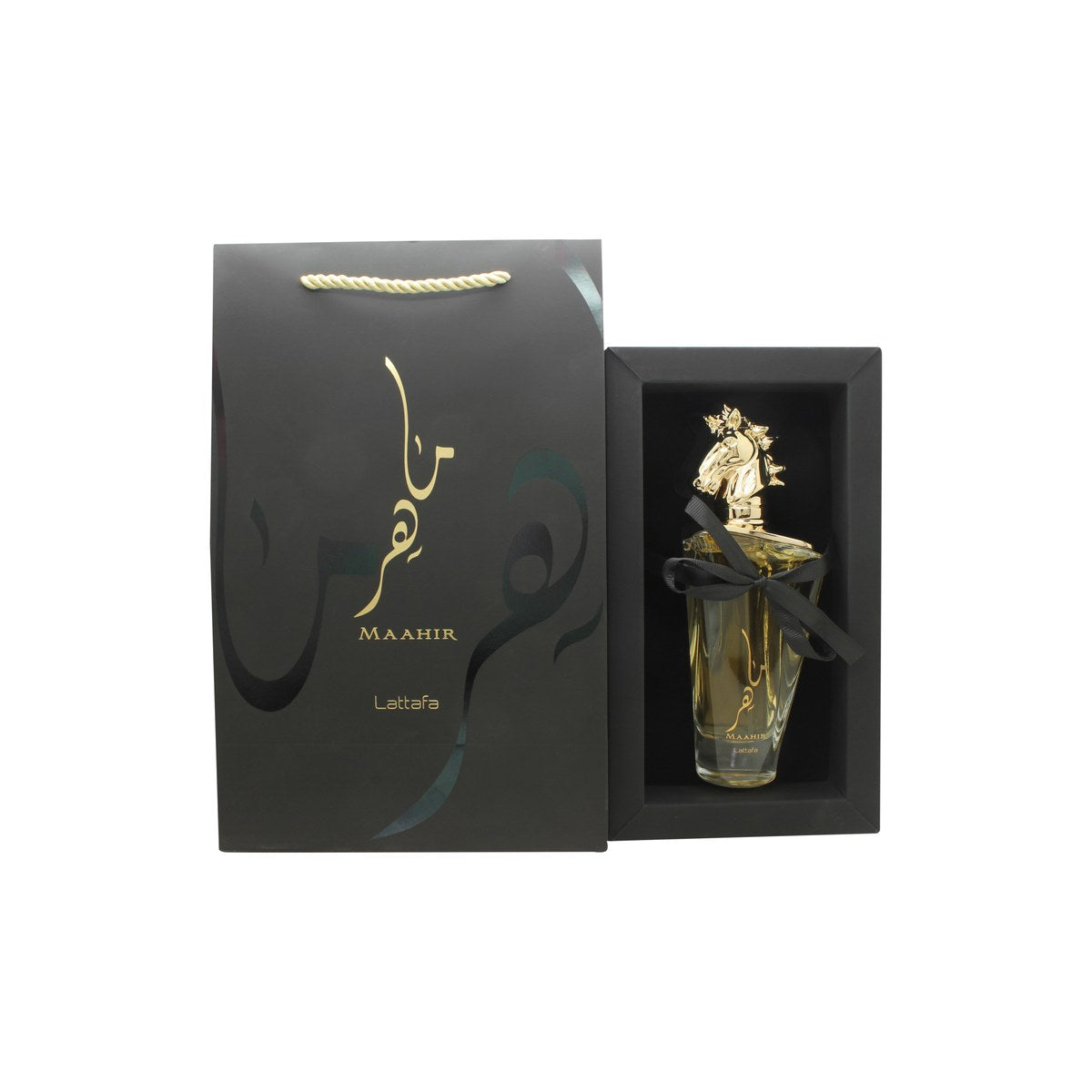 Lattafa Maahir Eau de Parfum 100 ml fra Lattafa, sølv flakon som stejlende hest med blank finish og sort halsdetalje.
