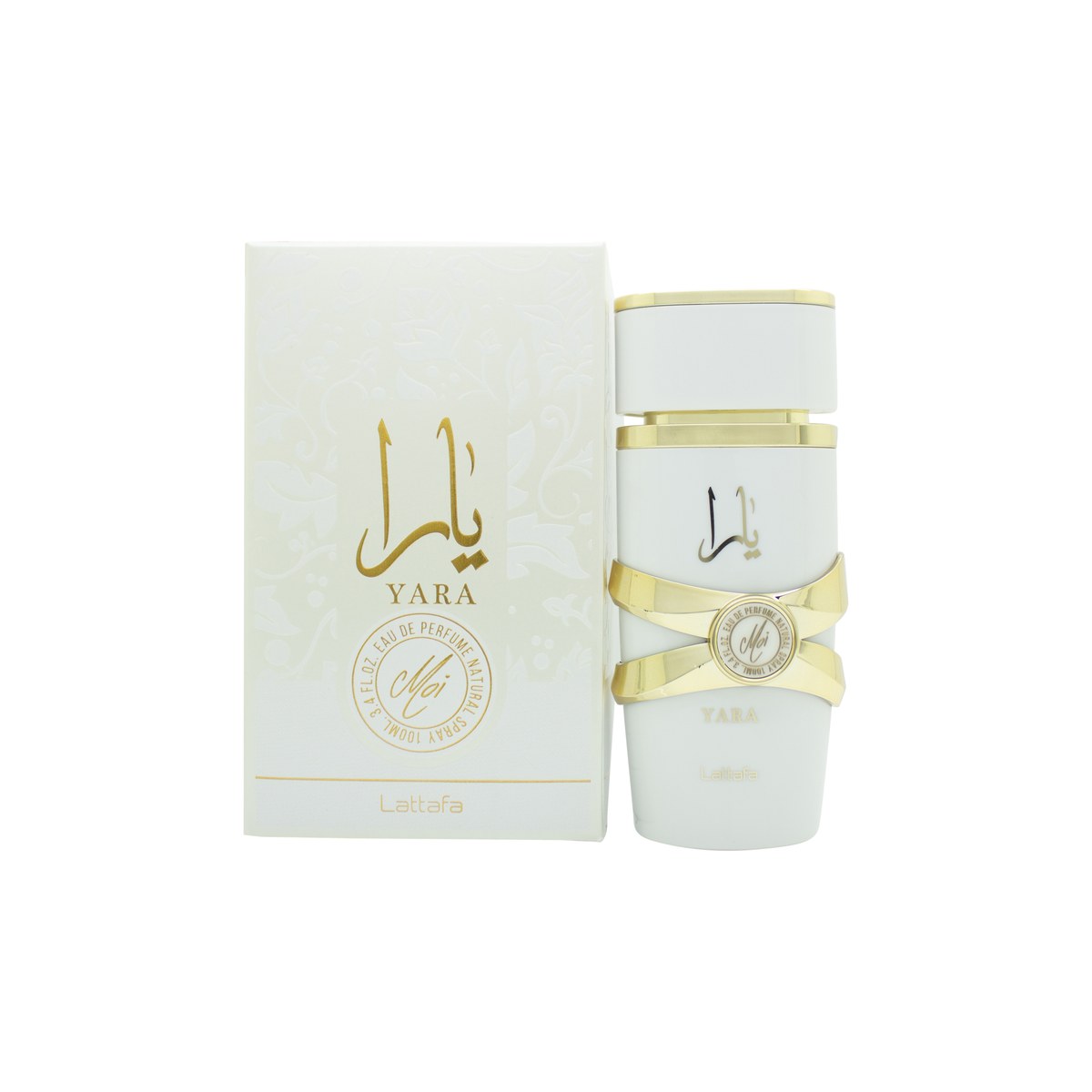 Lattafa Yara Moi Eau de Parfum 100 ml fra Lattafa i mat hvid, afrundet flakon med gyldent låg og minimalistisk design.