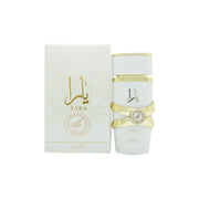 Lattafa Yara Moi Eau de Parfum 100 ml fra Lattafa i mat hvid, afrundet flakon med gyldent låg og minimalistisk design.
