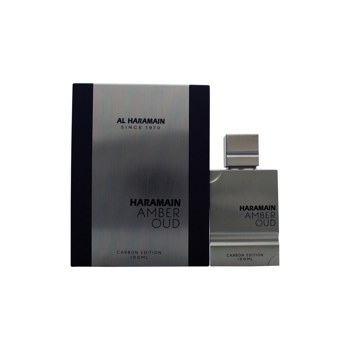 Al Haramain Amber Oud Carbon Edition Eau de Parfum, Al Haramain, 100 ml – sort rektangulær glasflakon med sølvlogo og mørk låg