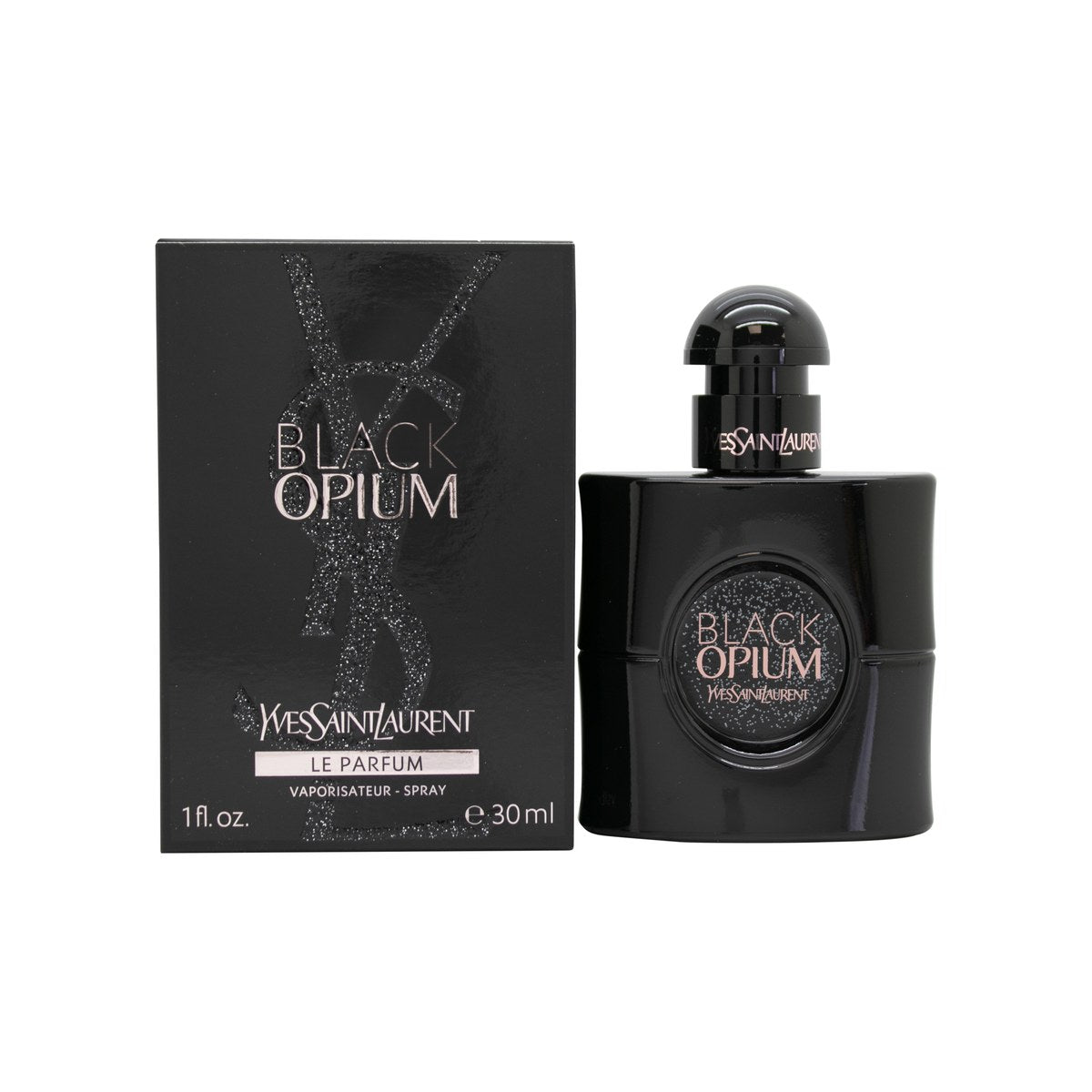 Yves Saint Laurent Black Opium Le Parfum 30 ml, sort glitrende flakon med firkantet form og rosa etiket i midten.