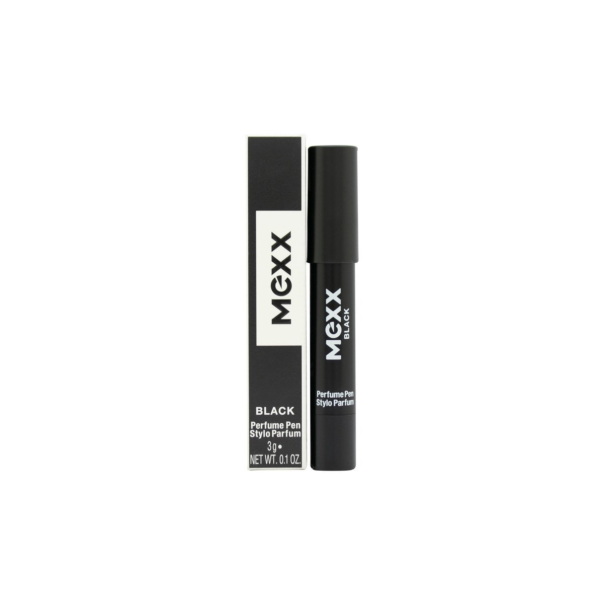 Mexx Black Woman Perfume Pen 3g – slank sort parfumepen med hvid logo og drejefunktion i kompakt, minimalistisk design.