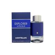 Mont Blanc Explorer Ultra Blue Eau de Parfum 100 ml – mørkeblå cylindrisk flakon med sølvdetaljer og struktureret læderlook.