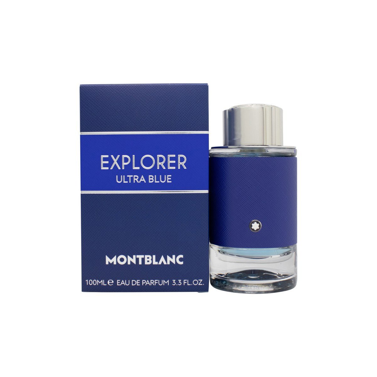 Mont Blanc Explorer Ultra Blue Eau de Parfum 100 ml – mørkeblå cylindrisk flakon med sølvdetaljer og struktureret læderlook.