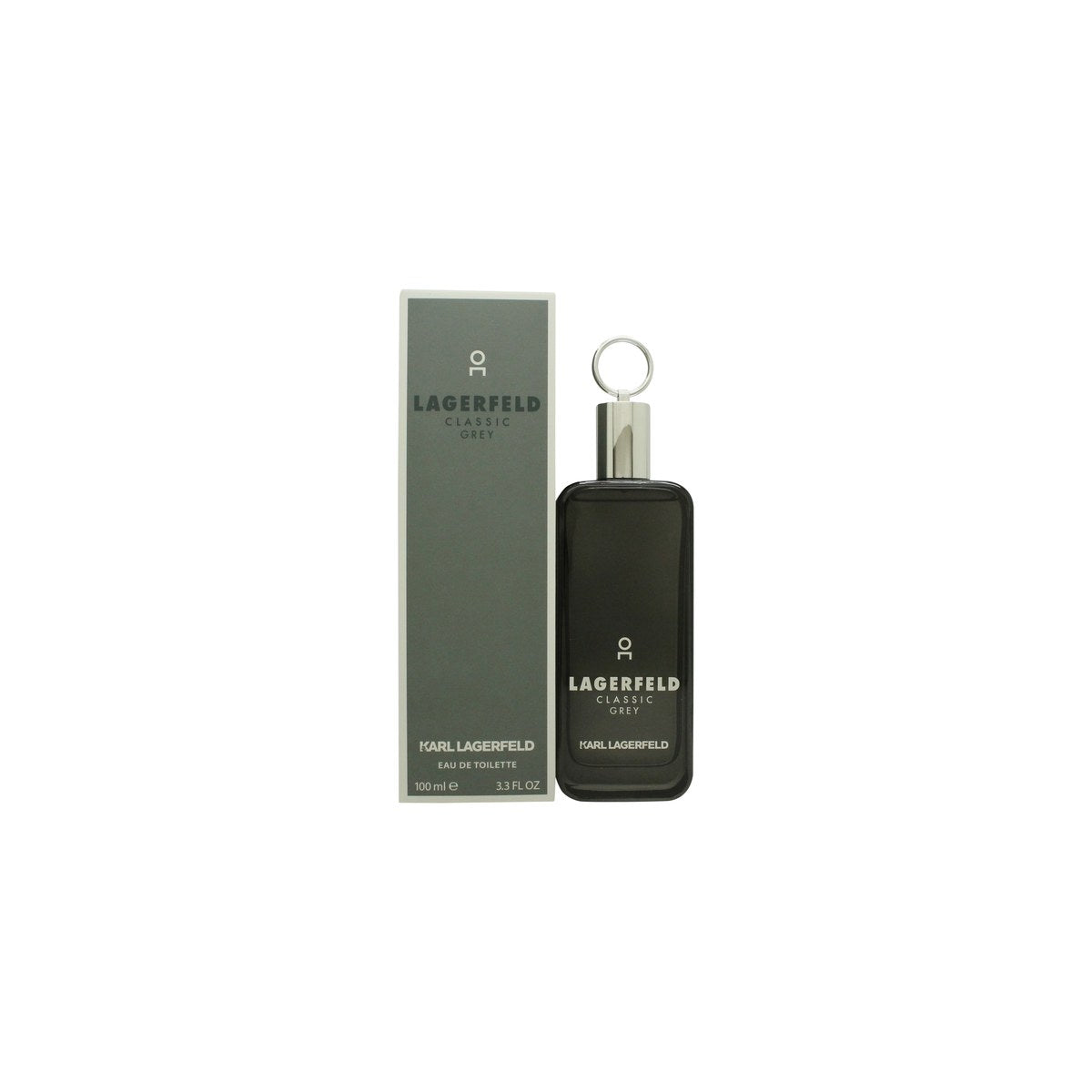 Karl Lagerfeld Classic Grey Eau de Toilette 100 ml – grå rektangulær glasflaske med sort låg og minimalistisk etiket.