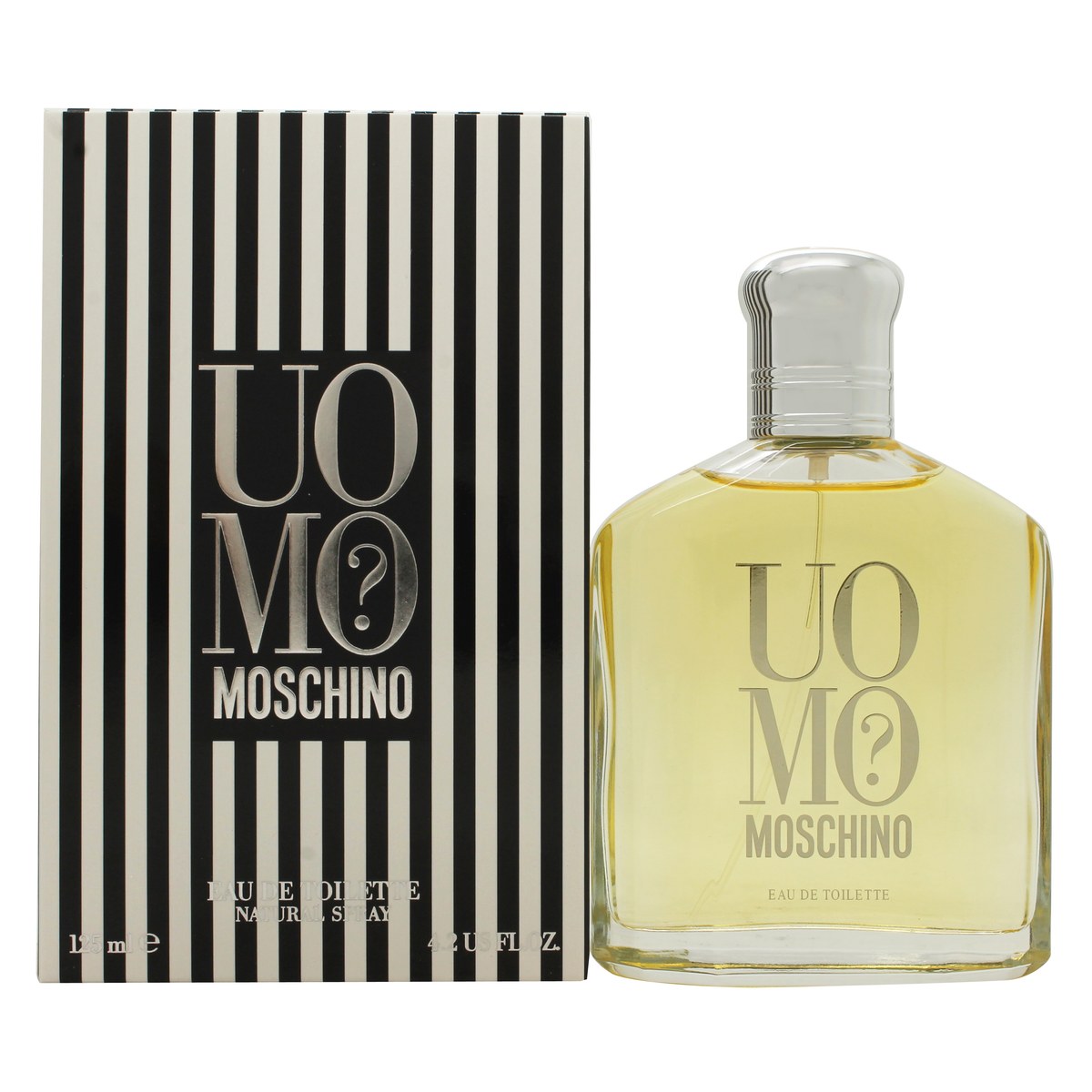 Uomo? Eau De Toilette, Moschino 125 ml – klar glasflaske i lommelærkeform med gullig væske og markant spørgsmålstegn