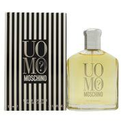 Uomo? Eau De Toilette, Moschino 125 ml – klar glasflaske i lommelærkeform med gullig væske og markant spørgsmålstegn