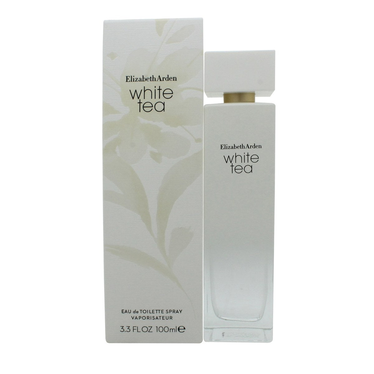 White Tea Eau De Toilette Elizabeth Arden 100 ml mat hvid glasflaske med enkelt rektangulært design, hvidt låg og udtryk