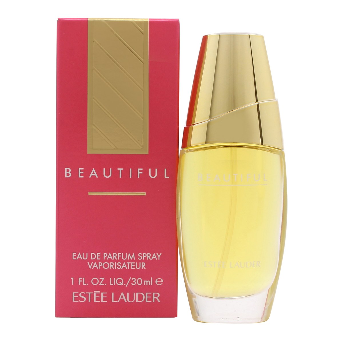 Estee Lauder Beautiful Eau de Parfum 30 ml i klar oval glasflakon med gyldent riflet låg og blød klassisk form.