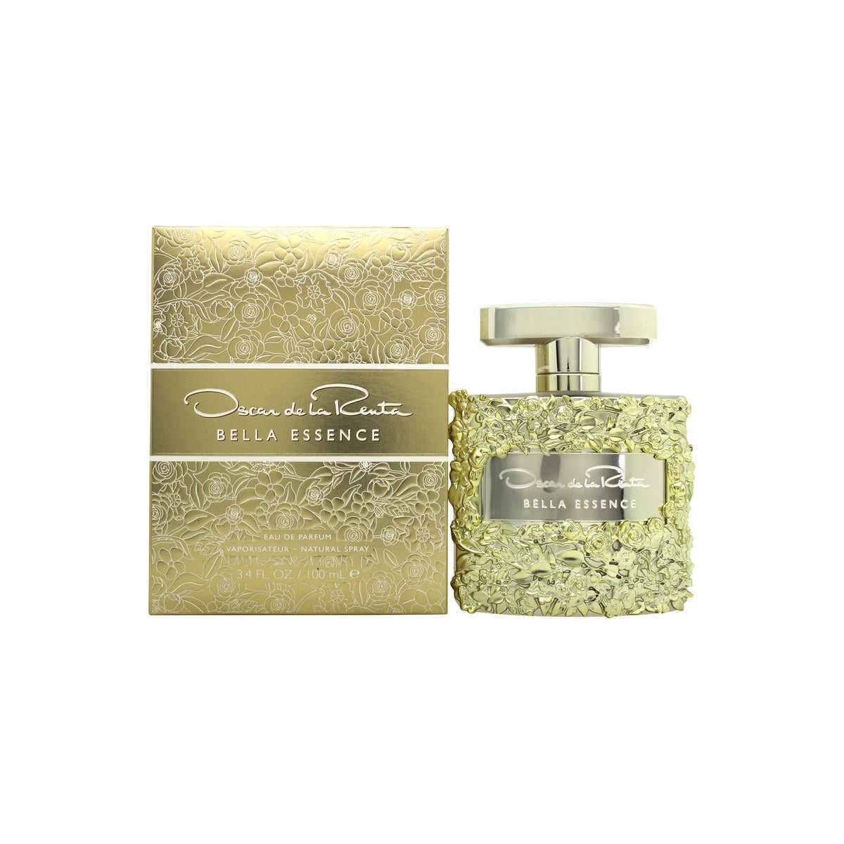 Oscar de la Renta Bella Essence Eau de Parfum 100 ml – klar, facetslebet flakon med rosa duft og guldkantet blomsterlåg