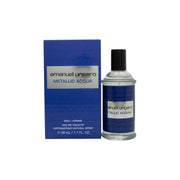 Emanuel Ungaro Metallic Acqua Men Eau de Toilette 50 ml, metallisk blå flaske med sølvfarvet låg og slankt, moderne design.