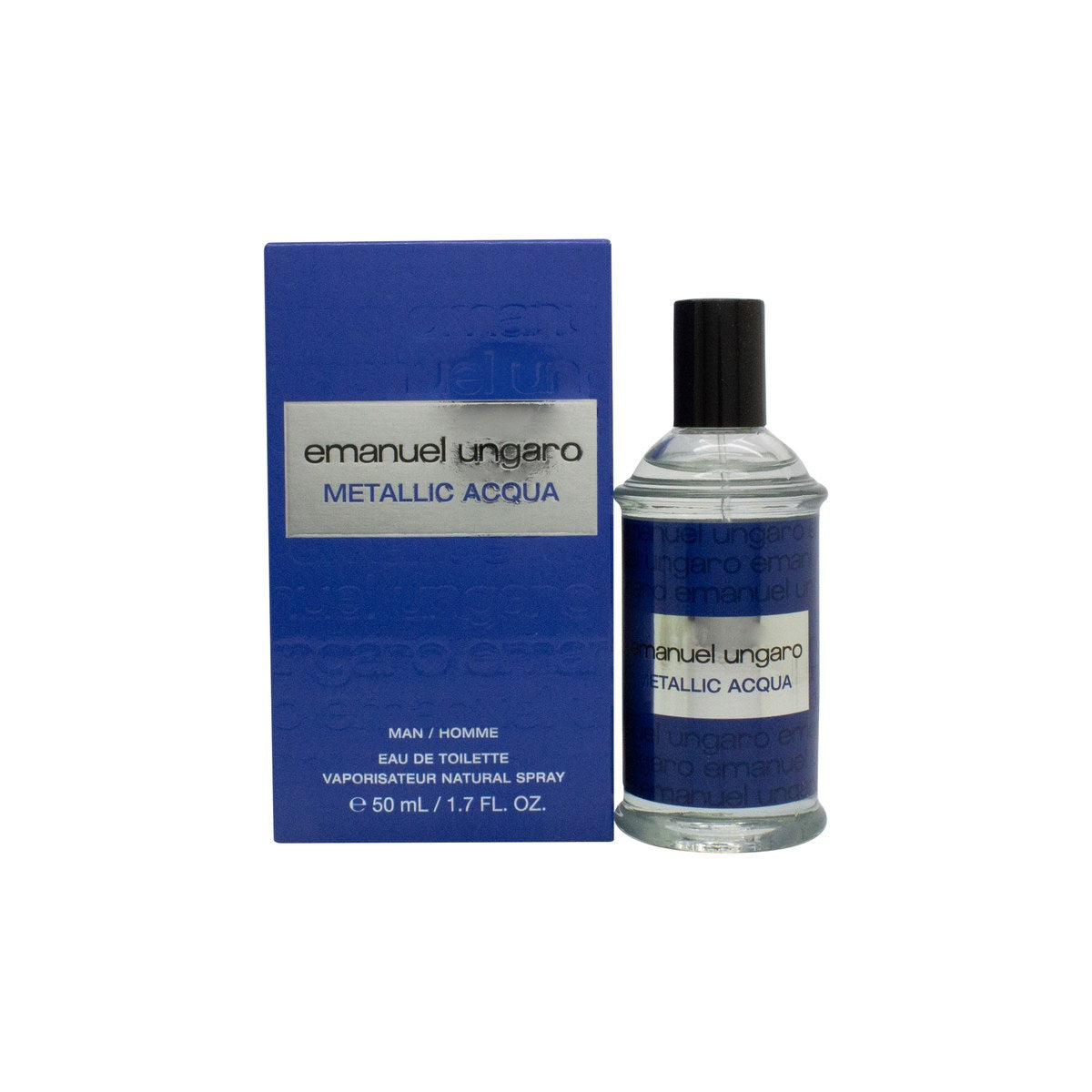 Emanuel Ungaro Metallic Acqua Men Eau de Toilette 50 ml, metallisk blå flaske med sølvfarvet låg og slankt, moderne design.