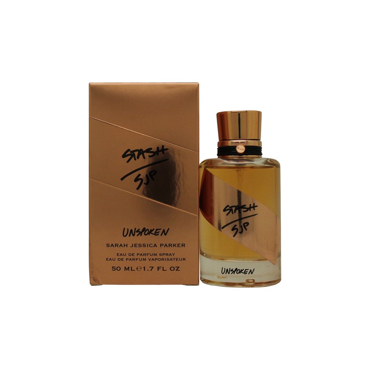 Sarah Jessica Parker Stash Unspoken Eau de Parfum 50 ml – mørk ravfarvet flaske med sort kantet låg og grafisk etiket.
