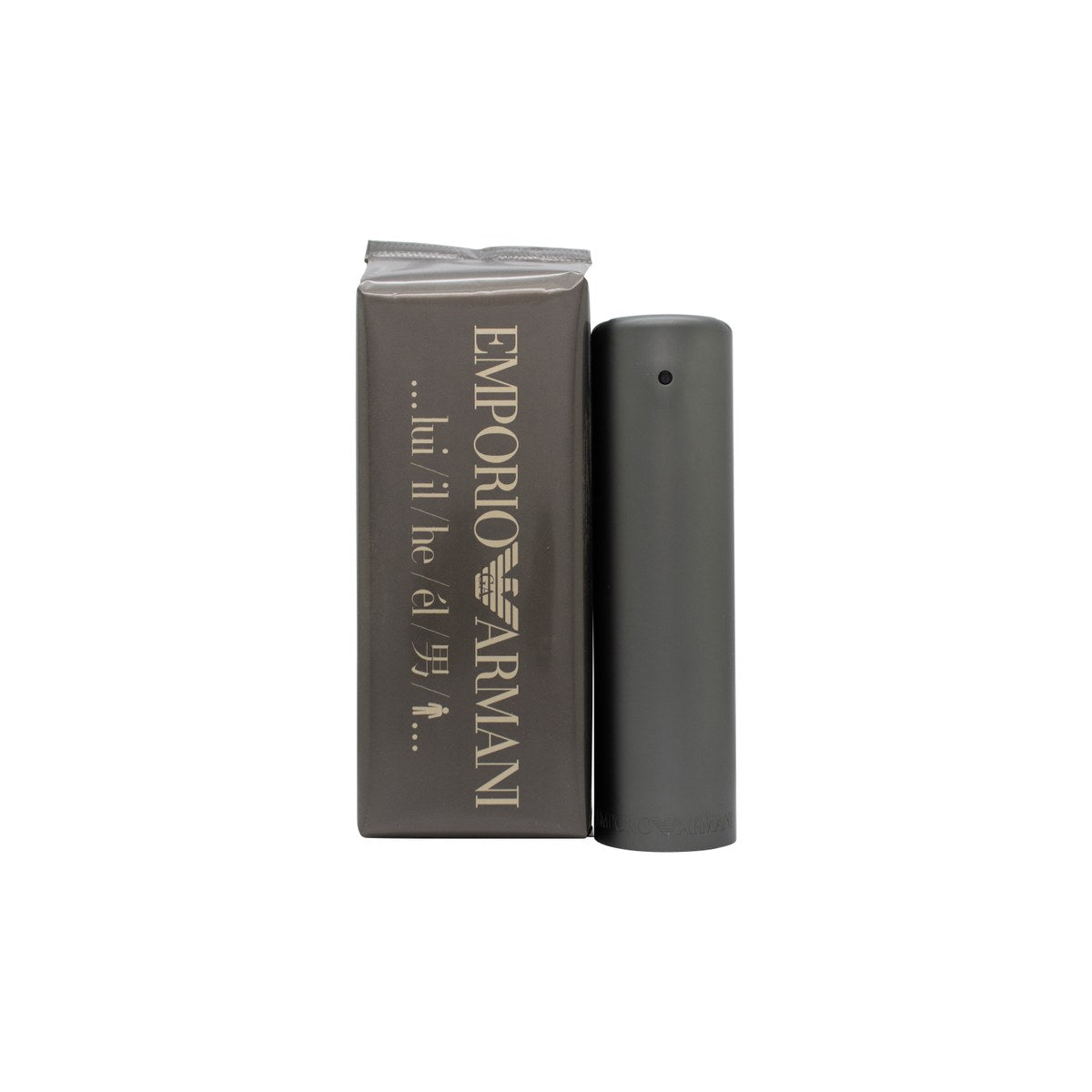 Giorgio Armani Emporio He Eau de Toilette 100 ml, Giorgio Armani – slank cylindrisk sølvfarvet flakon i mat metal med minimalistisk sort logo