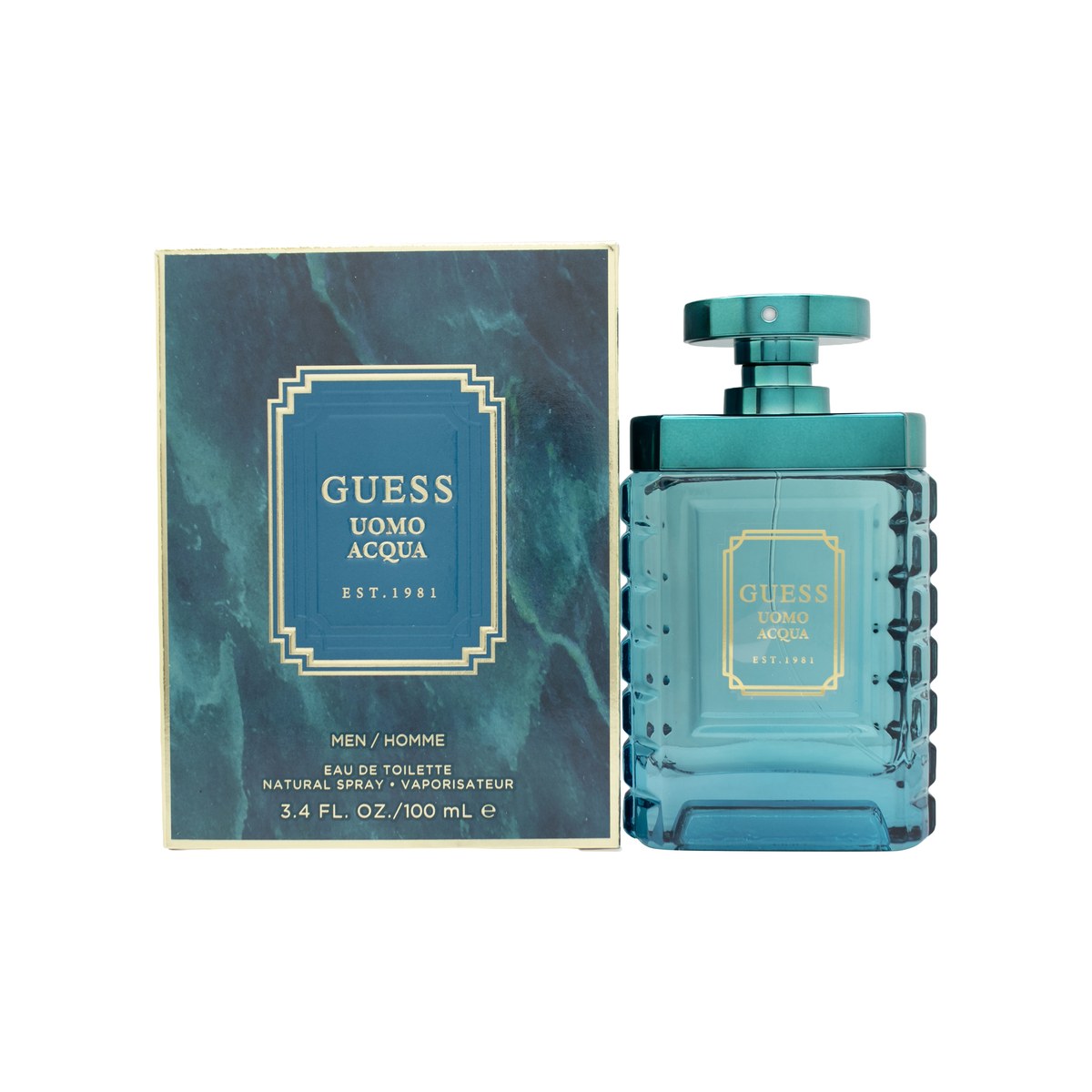 Guess Uomo Acqua Eau de Toilette 100 ml fra Guess – blågrøn glasflaske med sølvfarvet låg og maritimt, enkelt design.