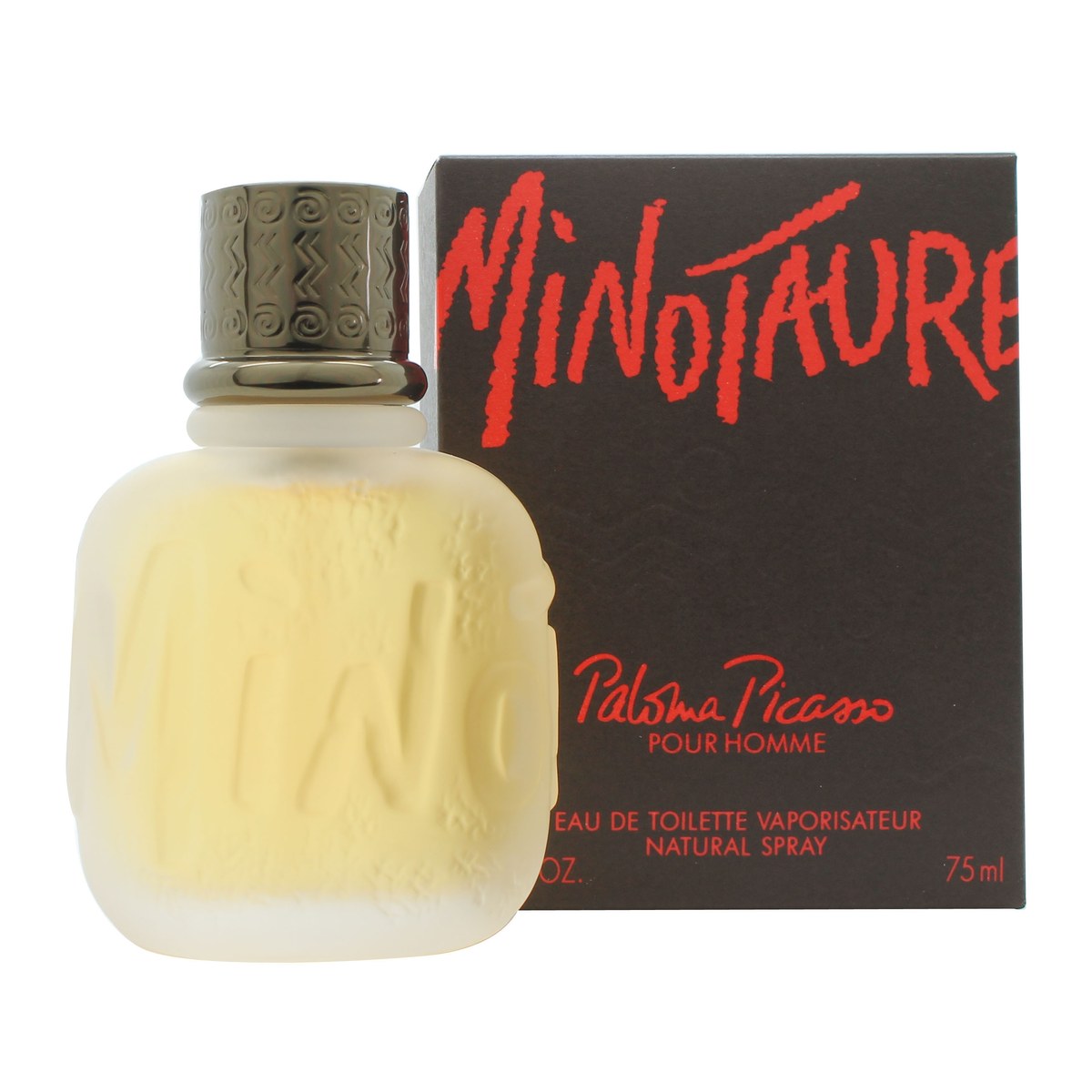 Paloma Picasso Minotaure Eau de Toilette 75 ml, gylden ravfarvet glasflakon med kantet form og sort skulpturelt låg