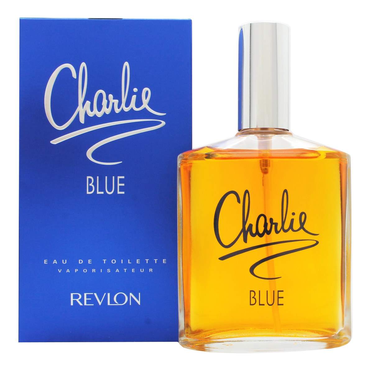 Revlon Charlie Blue Eau De Toilette 100 ml – Revlon, klar glasflaske med blå væske, slank form og sølvfarvet låg