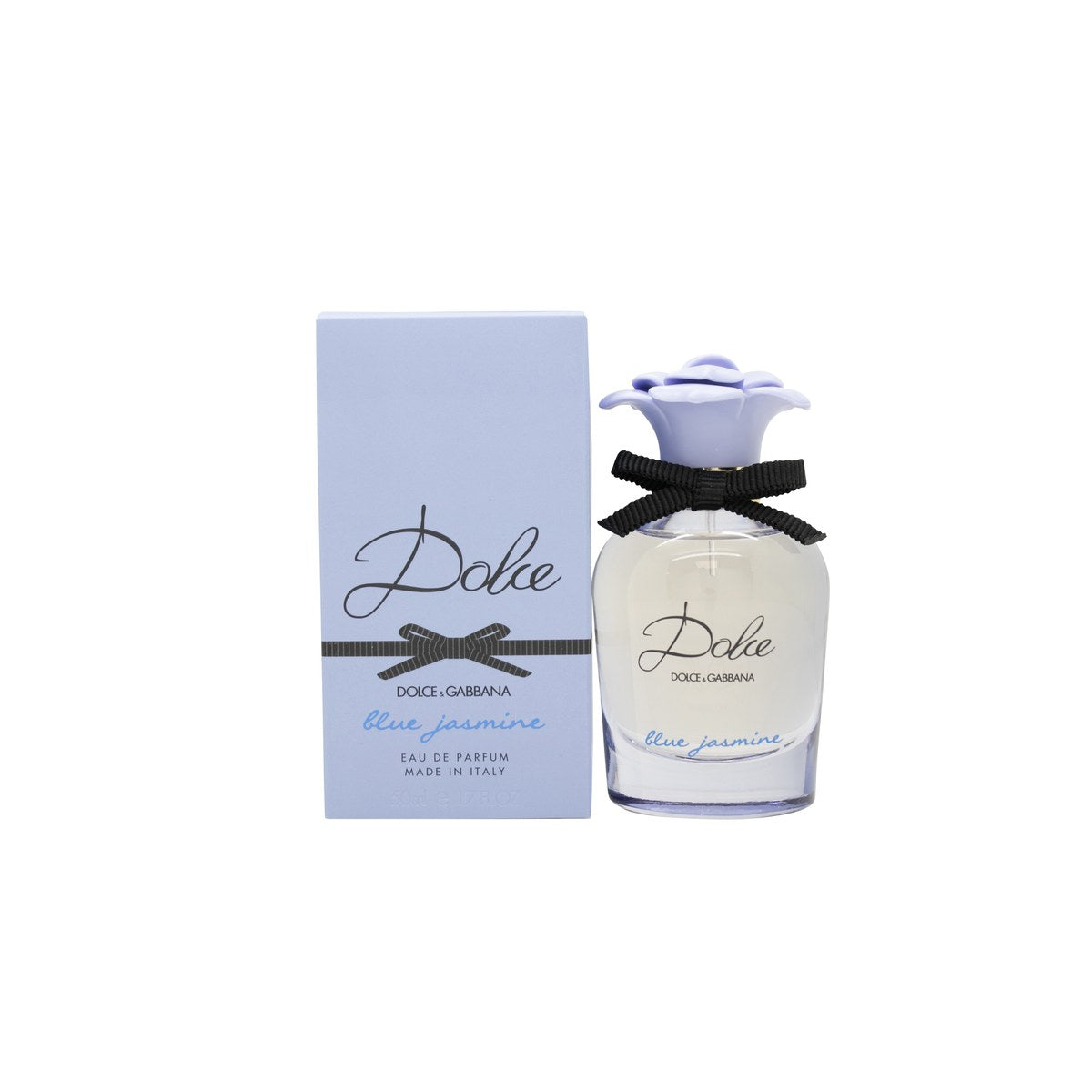 Dolce & Gabbana Dolce Blue Jasmine Eau de Parfum 50 ml – lyseblå glasflaske med blomsterformet låg og sort sløjfebånd
