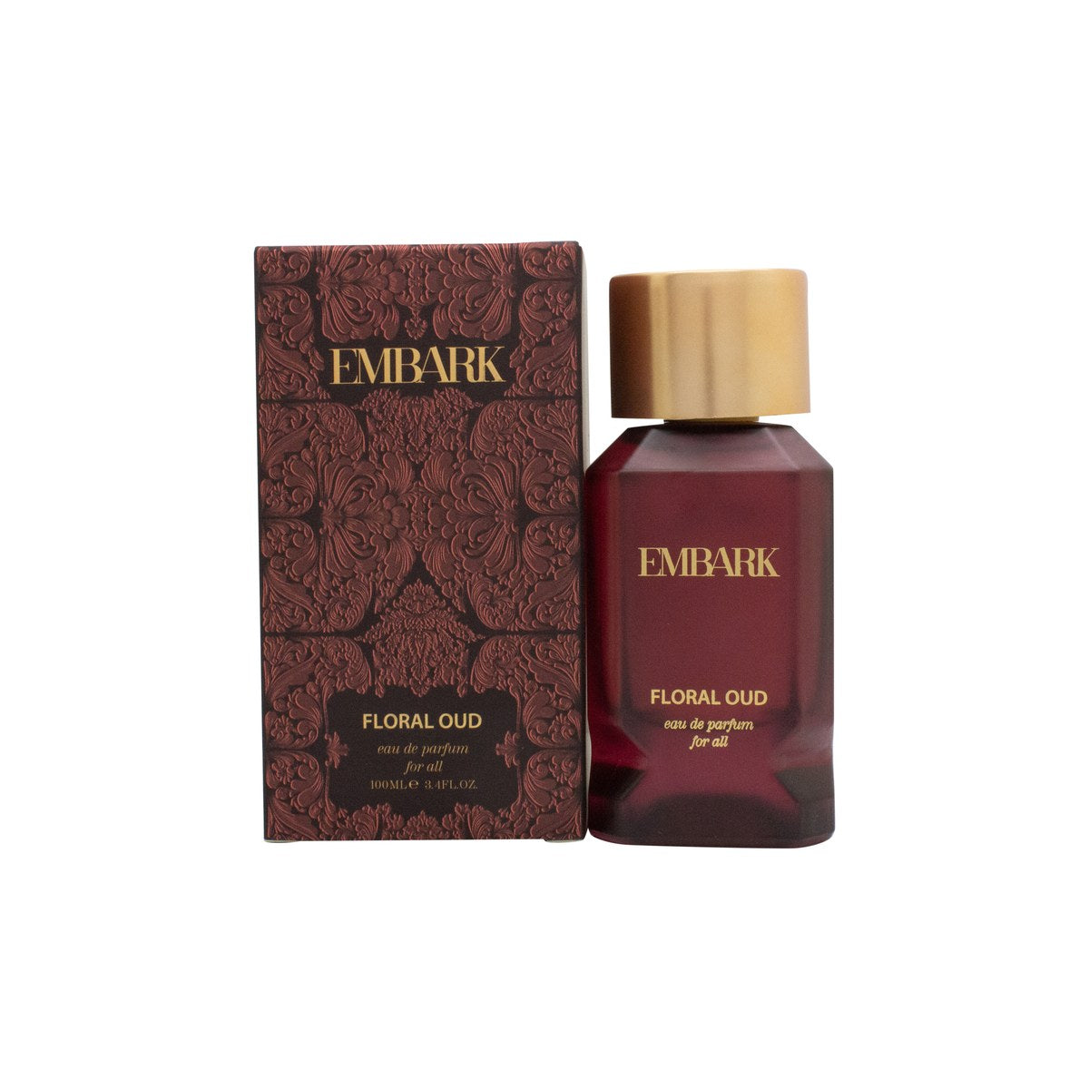 Embark Floral Oud Eau de Parfum 100 ml, Embark, mørk glasflaske med gyldent logo og sort låg i enkelt design.
