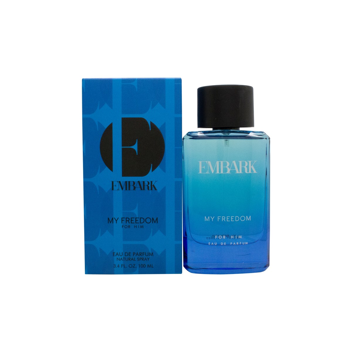 Embark My Freedom For Him Eau de Parfum 100ml, Embark – mørkeblå glasflakon med sølvfarvet låg og enkelt, maskulint design